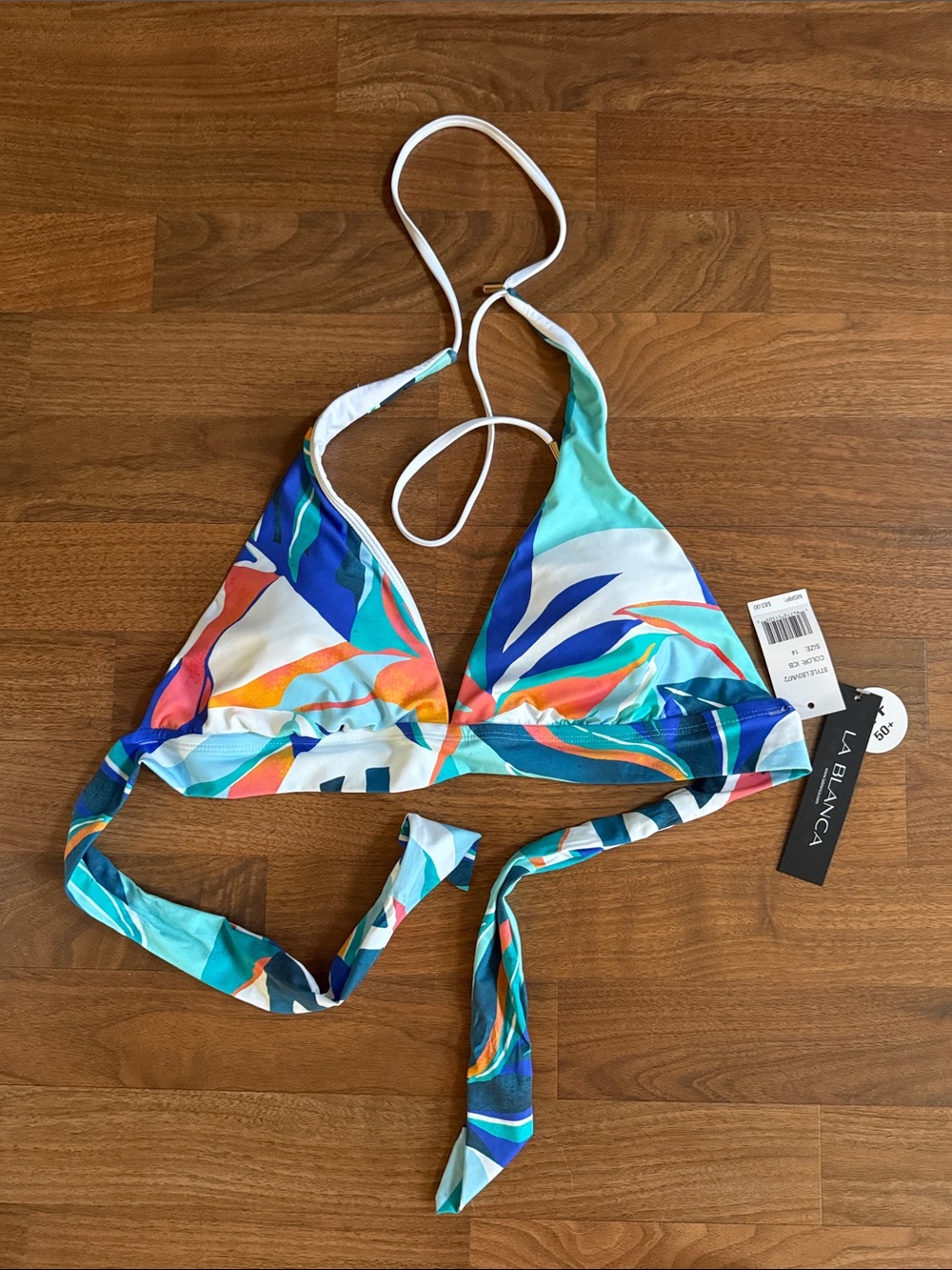 La Blanca Teal Multi Halter Triangle Bikini Top with Tropical Print